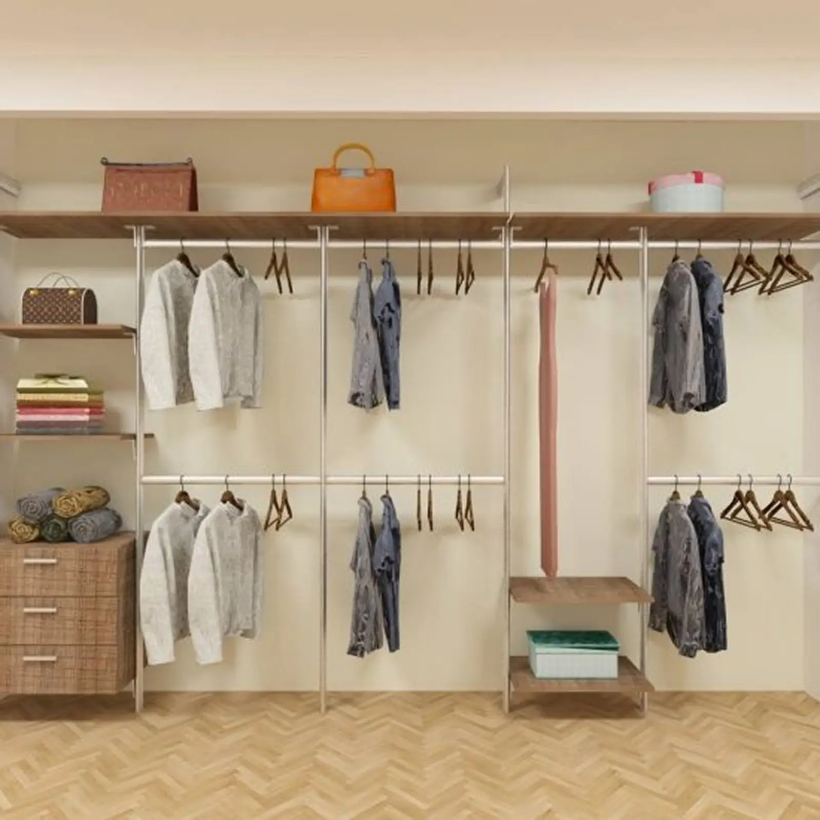 Open concept wardrobe in a compact HDB bedroom with hanging rails and shelves