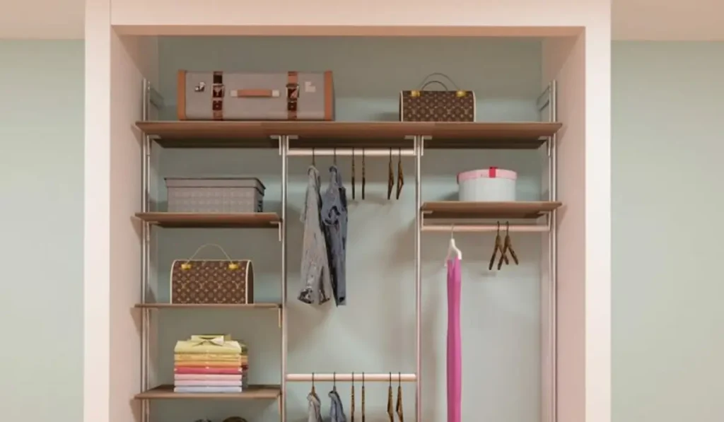 An organized closet showcasing various clothes and accessories on multiple shelves.
