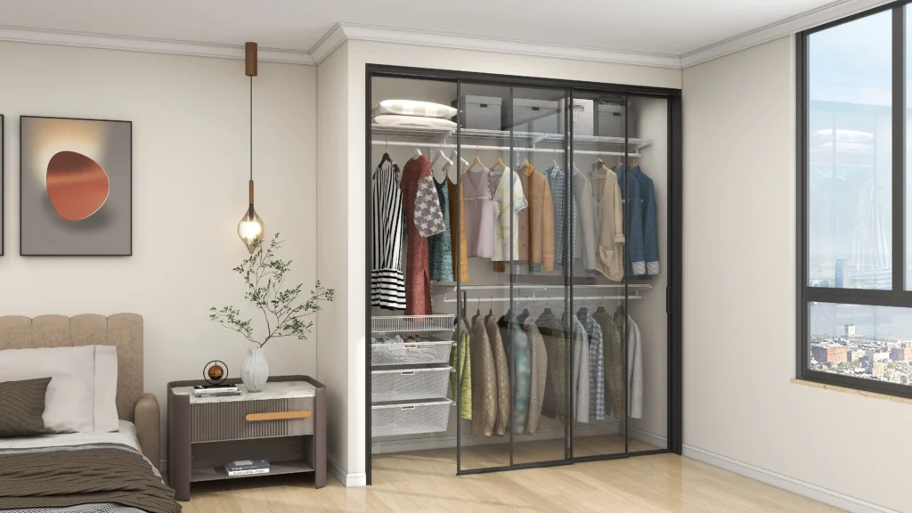 A bedroom featuring a bed and a sliding doors wardrobe, creating a cozy and organized living space.