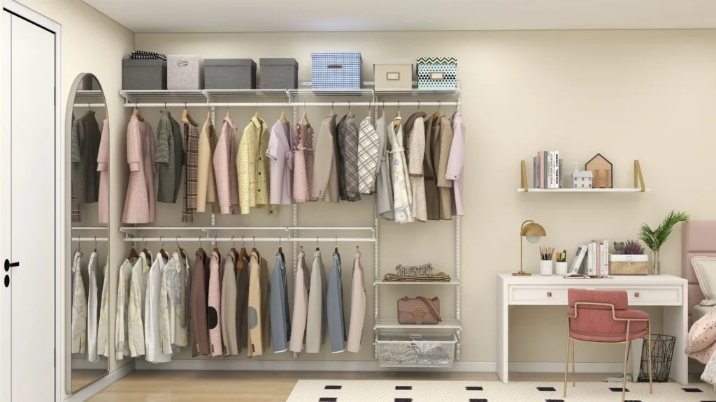 A cozy bedroom featuring a closet and a desk, showcasing a simple and functional design for budget-friendly living.