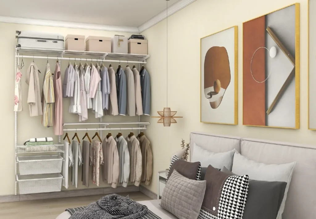 A cozy bedroom featuring an open closet and clothes rack, showcasing space-saving wardrobe ideas for small areas.