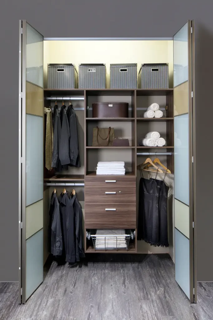 A closet featuring a wooden floor and a glass door, showcasing a stylish and affordable wardrobe option in Singapore.
