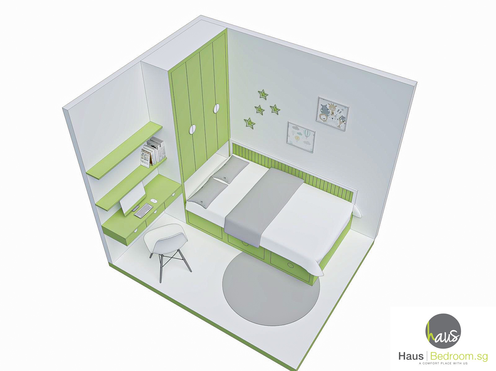 Kids Room Carpentry Idea - We made it simple for you (Updated in 2025) 2 Idea 2: platform bed with under-bed storage, overhead wardrobe cabinets, and integrated study zone layout