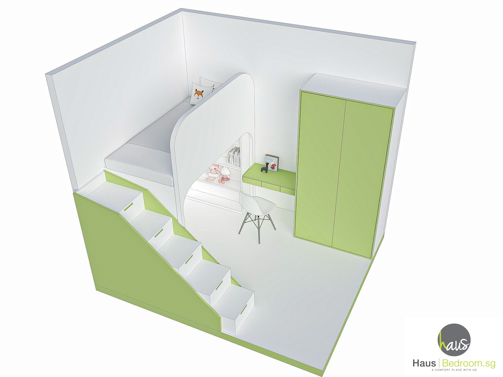 Kids Room Carpentry Idea - We made it simple for you (Updated in 2025) 3 Idea 3: loft bed with staircase storage drawers, wardrobe and study desk underneath layout