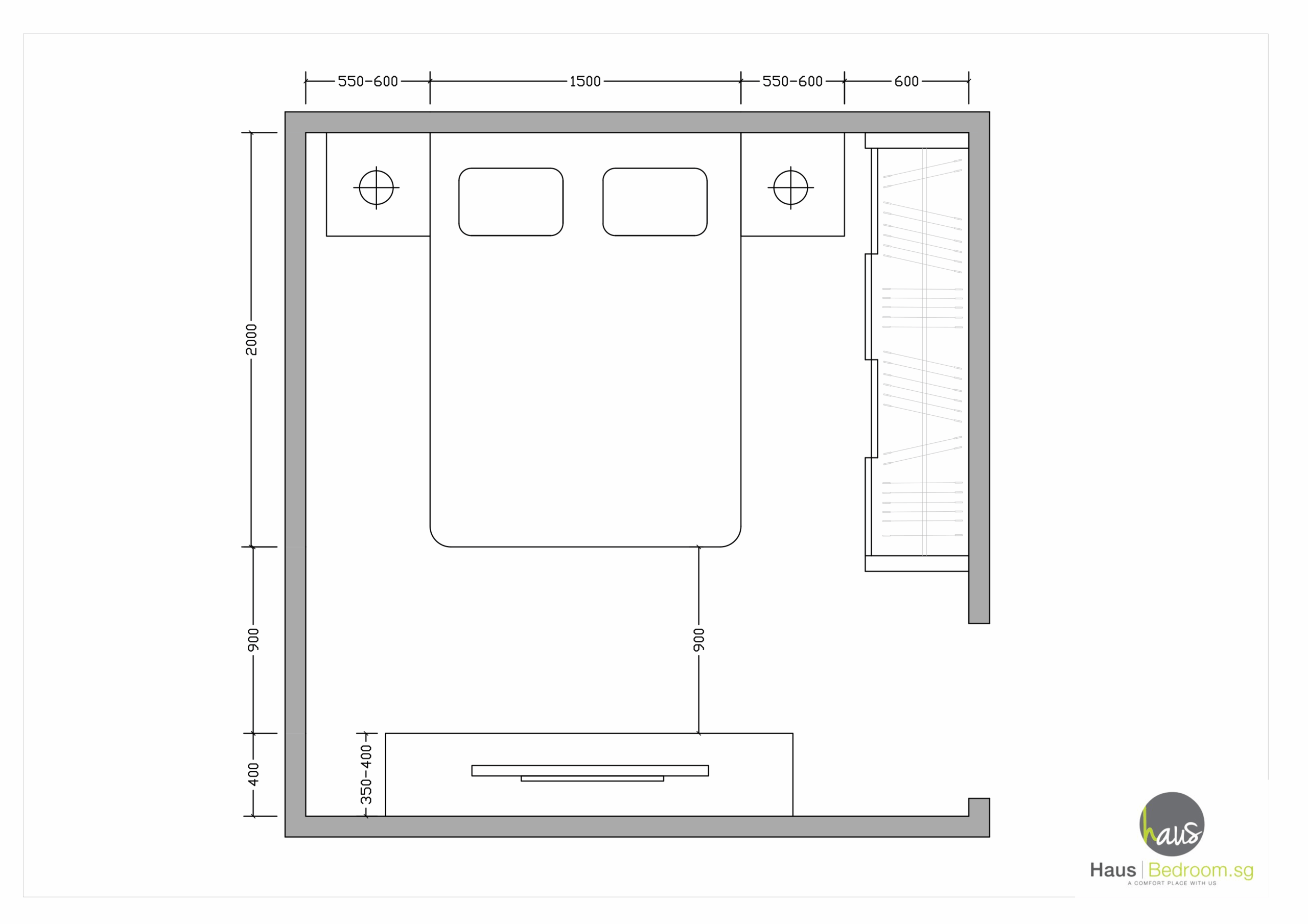 Ultimate Small Bedroom Wardrobe Design Blueprint: 9 Built-In, Walk-In & U-Shape Space-Saving Hacks 1 2D floor plan of parallel wardrobe-to-bed layout with 550 mm and 900 mm clearances