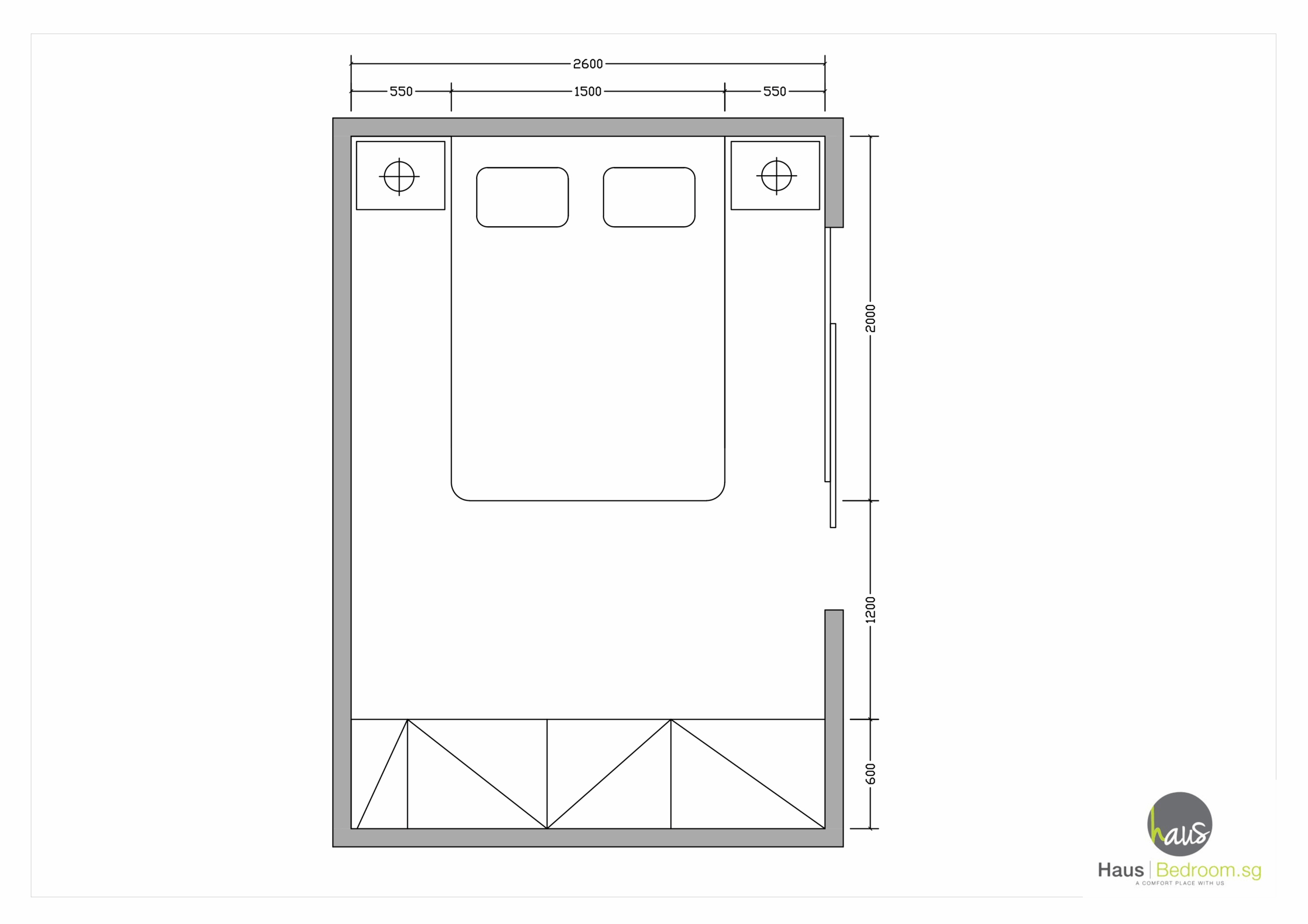 Ultimate Small Bedroom Wardrobe Design Blueprint: 9 Built-In, Walk-In & U-Shape Space-Saving Hacks 3 2D floor plan of perpendicular wardrobe-at-bed-end layout with 1,200 mm clearance