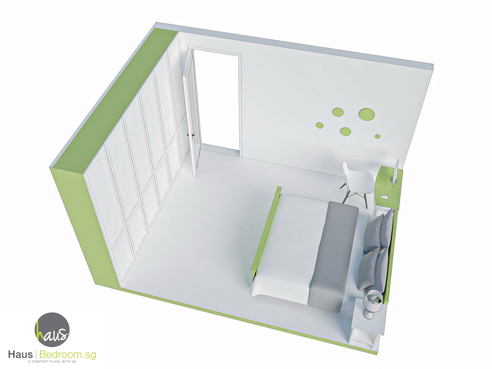 Ultimate Small Bedroom Wardrobe Design Blueprint: 9 Built-In, Walk-In & U-Shape Space-Saving Hacks 4 3D render of perpendicular wardrobe-at-bed-end layout showcasing clearance and flow