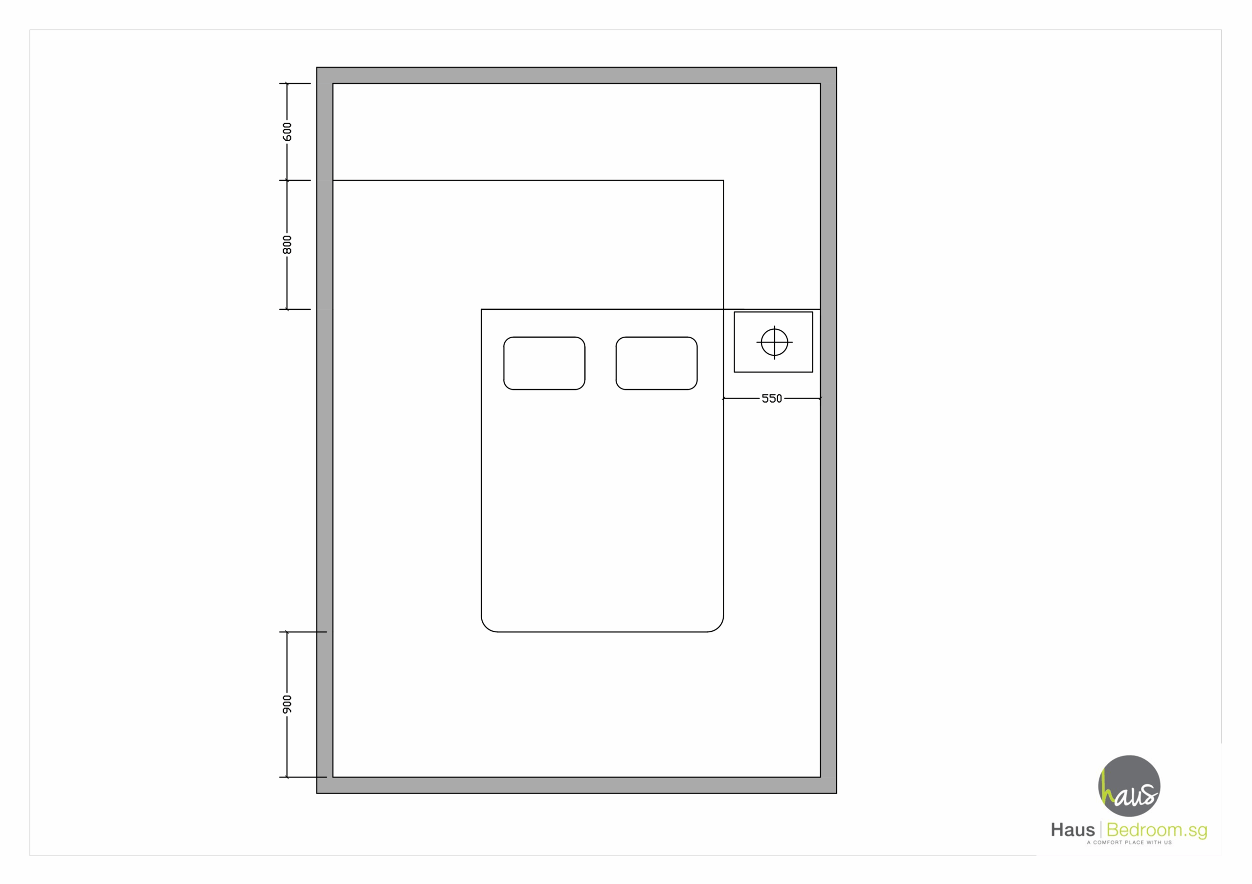 Ultimate Small Bedroom Wardrobe Design Blueprint: 9 Built-In, Walk-In & U-Shape Space-Saving Hacks 7 2D floor plan of bed-head or bed-end dressing zone showing L-shaped cabinet and 800 mm walkway