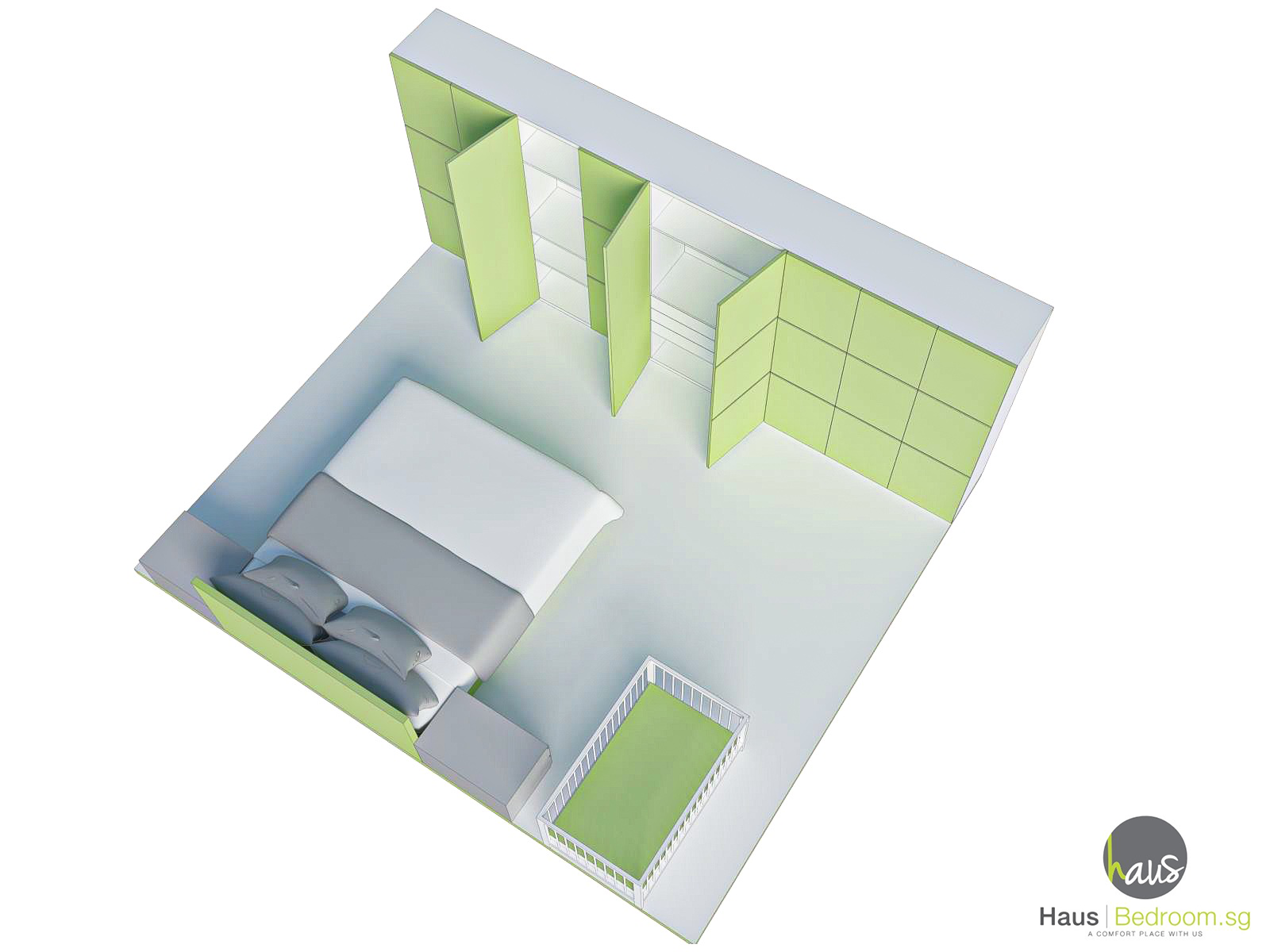 Ultimate Small Bedroom Wardrobe Design Blueprint: 9 Built-In, Walk-In & U-Shape Space-Saving Hacks 18 3D render of nursery-inclusive bedroom showing cot placement and wardrobe clearances