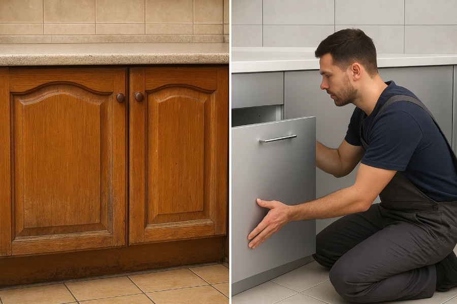 Before-and-after split image: On the left, a traditional wooden kitchen cabinet showing wear (warped and stained). On the right, a brand-new aluminium cabinet kitchen, sleek and modern, with an installer fitting the last cabinet door.