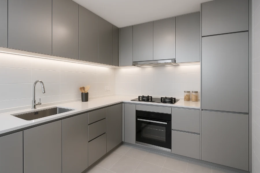 A modern Singapore HDB kitchen with sleek aluminium kitchen cabinets, bright lighting, and clean lines. Show a mix of base and wall cabinets in a minimalist style, with quartz countertops and smart storage solutions. Horizontal orientation.