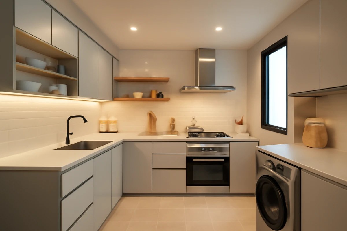 A wide-angle shot of a bright, modern HDB kitchen in Singapore featuring sleek aluminum cabinets, compact layout, and warm lighting. Show a functional wet/dry zone with organized shelves and space-saving solutions.