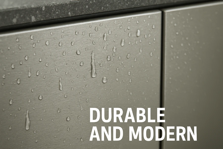 Close-up shot of aluminium kitchen cabinets in a humid kitchen setting, emphasizing their resistance to termites, water, and heat. Show droplets of water beading off the surface, with a “durable and modern” aesthetic.