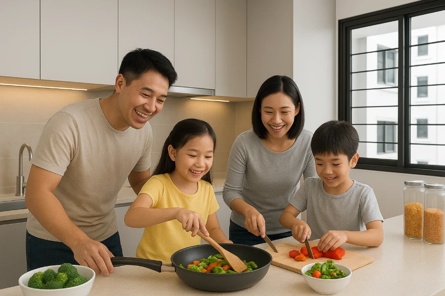 3 Practical Designs to Maximise Your HDB Kitchen Cabinet Space 2 Happy family cooking together in a bright, modern Singapore HDB kitchen with sleek aluminum cabinetry.