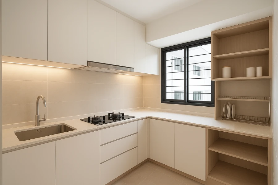 a stylish HDB kitchen interior with clean cabinetry, smart storage, and bright lighting, designed for small Singapore flats.