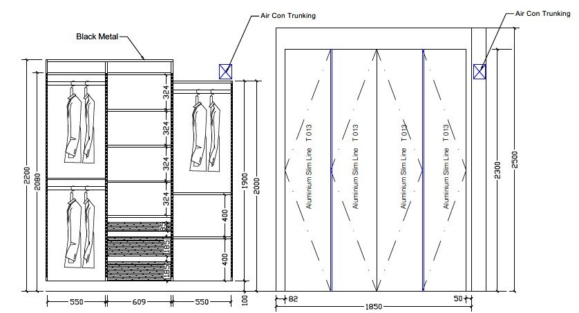 2D plan of modular wardrobe around trunking
