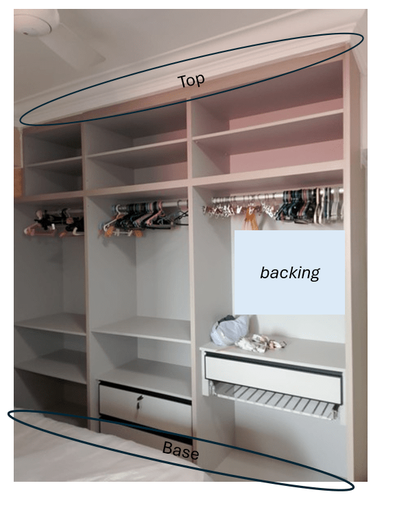 Carpentry wardrobe with wasted space annotations