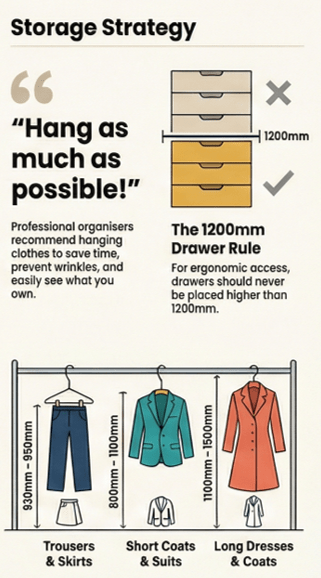 Comparison of high-capacity hanging rods vs traditional folding shelves in a custom wardrobe to maximize storage for Singapore BTO flats.