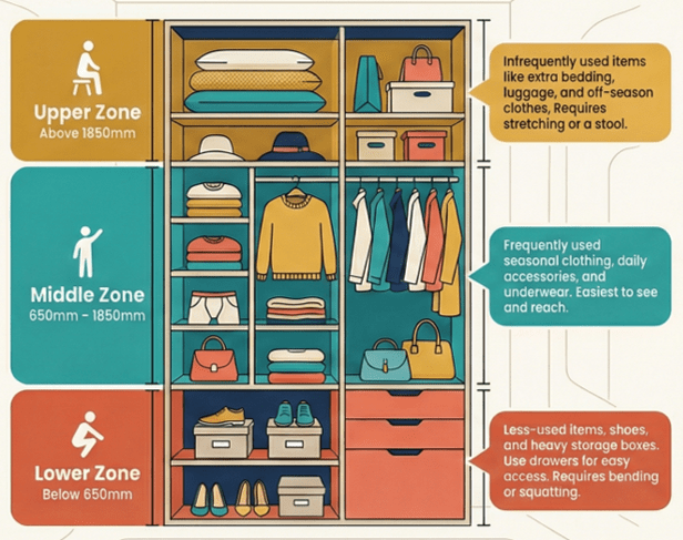 Technical diagram of a master bedroom wardrobe showing the three ergonomic access zones: Power Zone, Lower Zone, and Upper Zone with measurements.