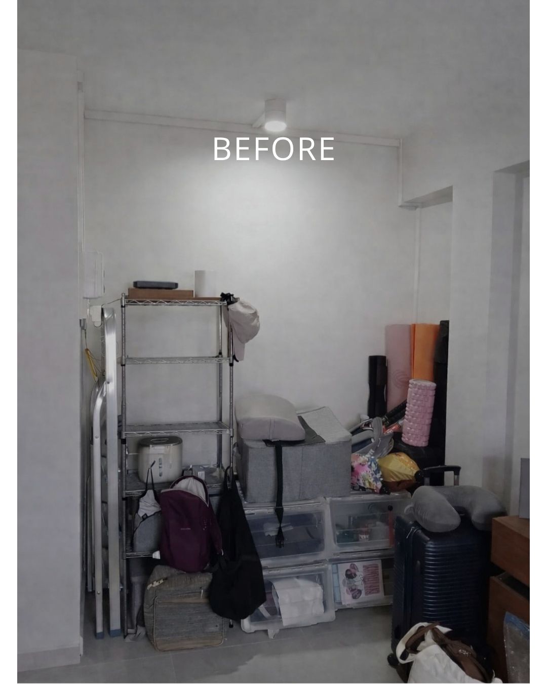 Before: recessed wall used as dumping ground with ladders, yoga mats and luggage in Old Airport Road HDB