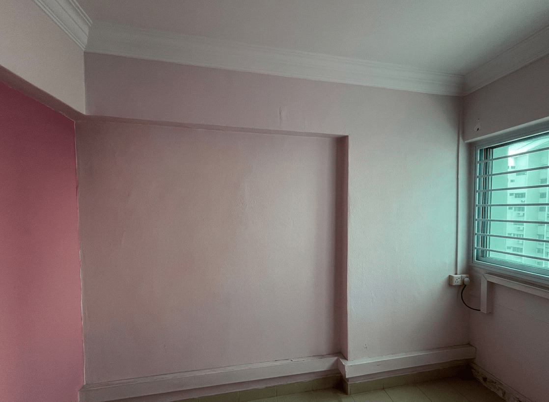 Before: bare recessed wall in Potong Pasir HDB showing beam projection and aircon trunking