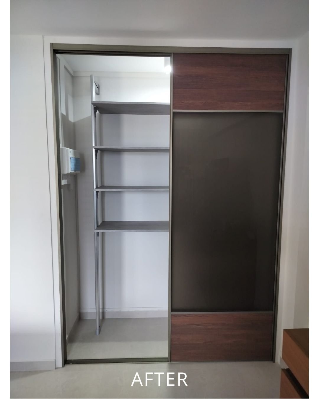 After: HausPole system with shelves, drawers and mirror fitted around DB box — Old Airport Road HDB