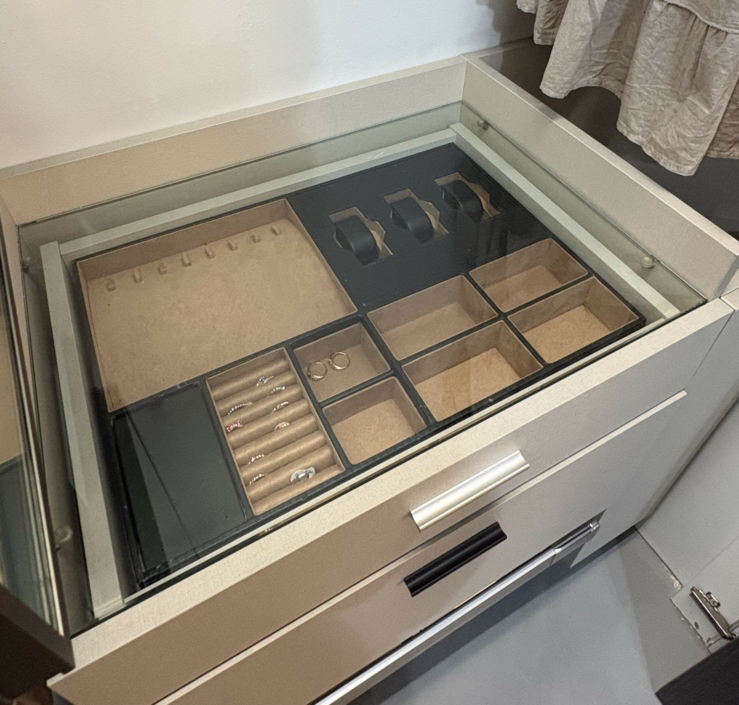 Glass top drawer for watches and jewellery