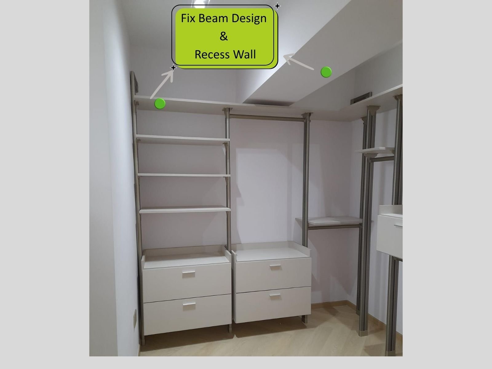 Pole system wardrobe poles stepping around a ceiling beam in an HDB bedroom