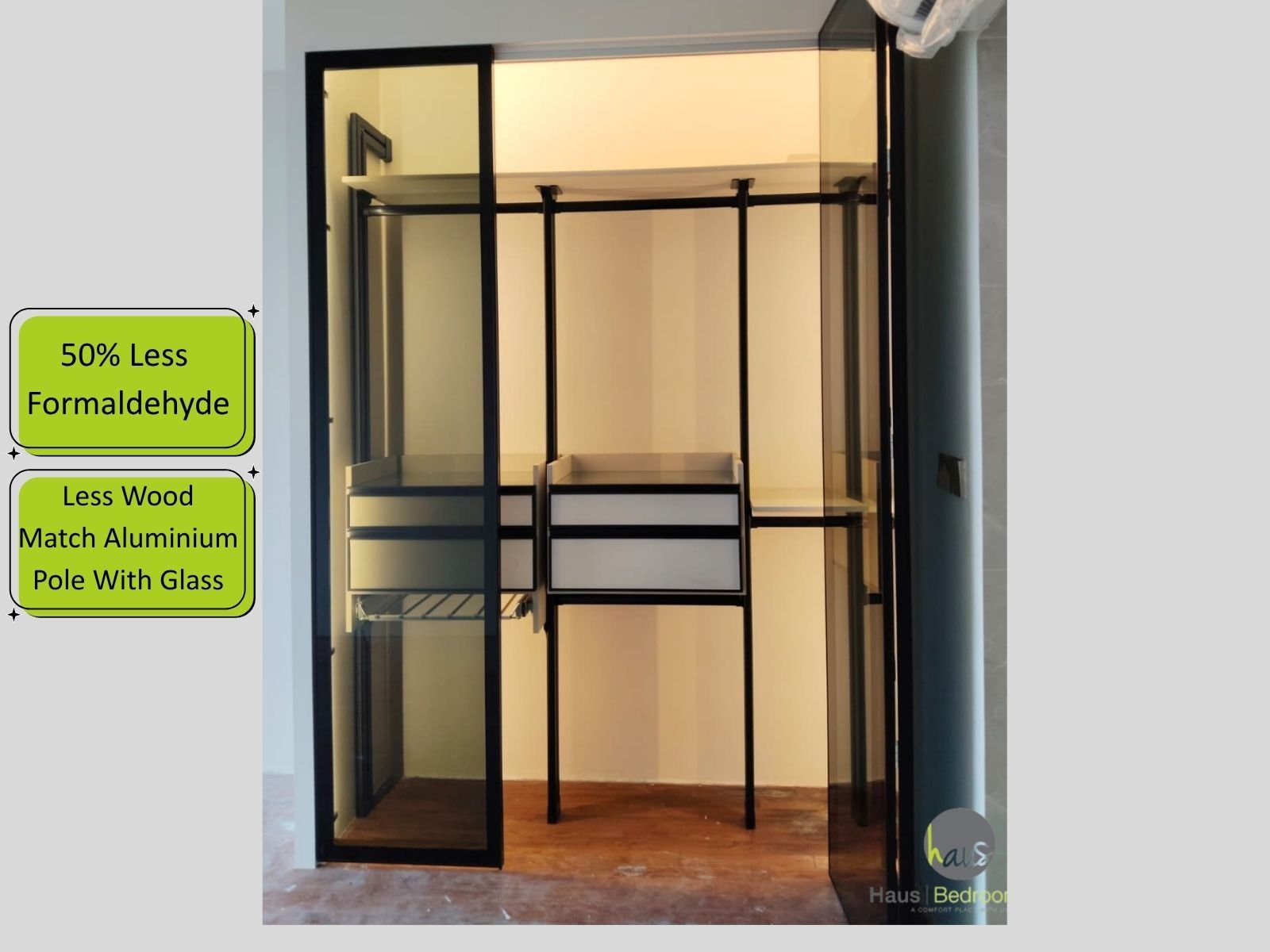 Open HausPole frame with no fixed carcass, using less board and glue than a built-in wardrobe