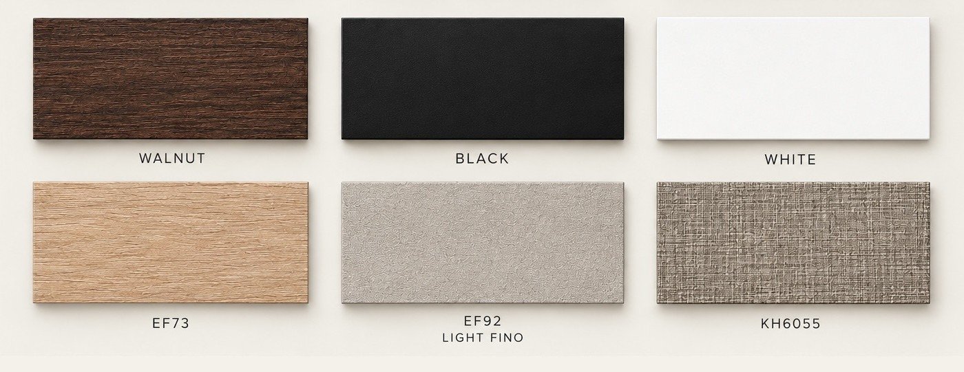 HausPole wooden board colours: Walnut, Black, White, EF73, EF92 Light Fino and KH6055